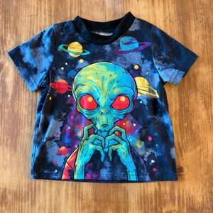 SHEIN Kids Alien Galaxy Space Graphic Tee Shirt Black Blue 9-12M